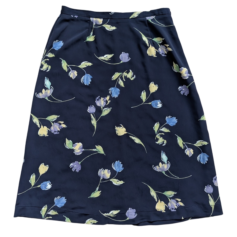 Requirements Vintage Navy Floral A-Line Midi Skirt Size Large